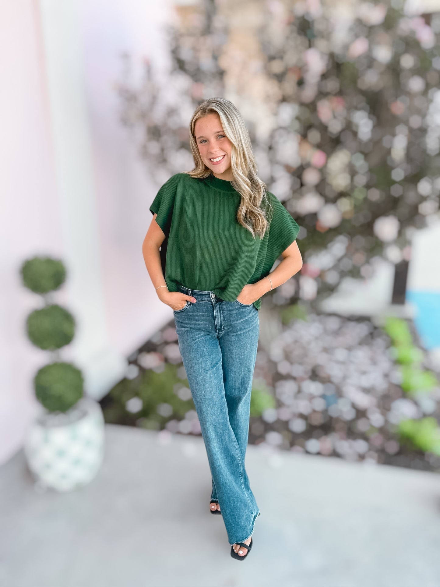 Swept Away Ribbed Mock Neck in Dark Green