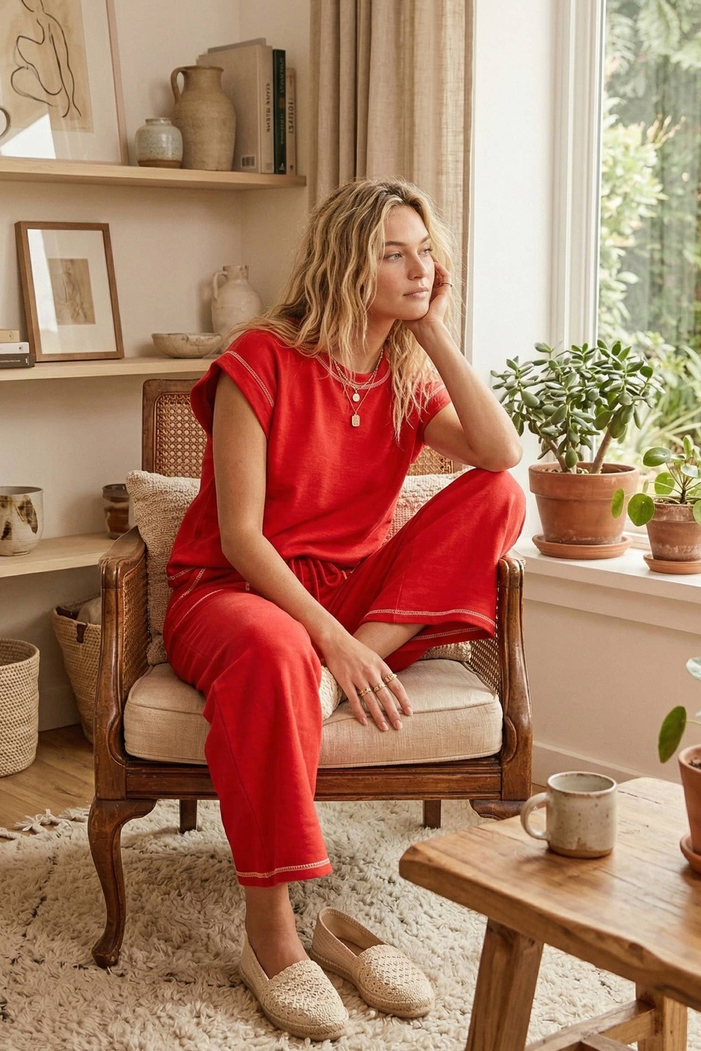 Red Scuba Raw Edge Lounge Set