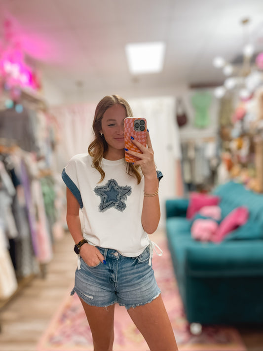Denim Star Drawstring Top
