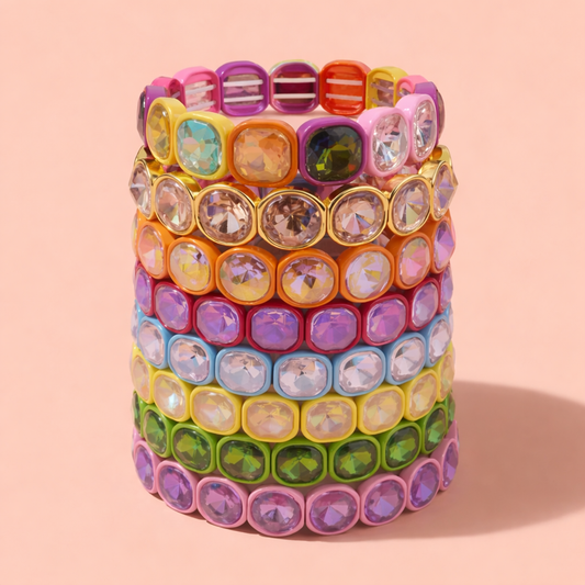 Enamel Stretch Bracelet - Rounded Gems - Elise - Multi Color