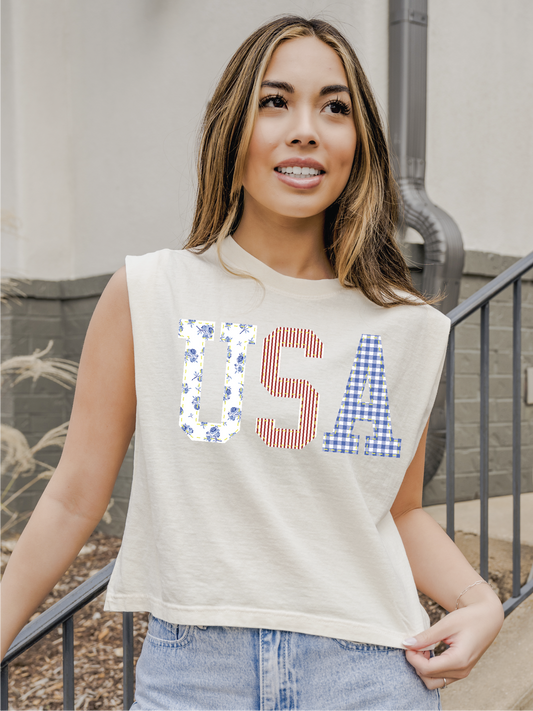 4th of July USA America Quilted Puff Ink Off White Tank