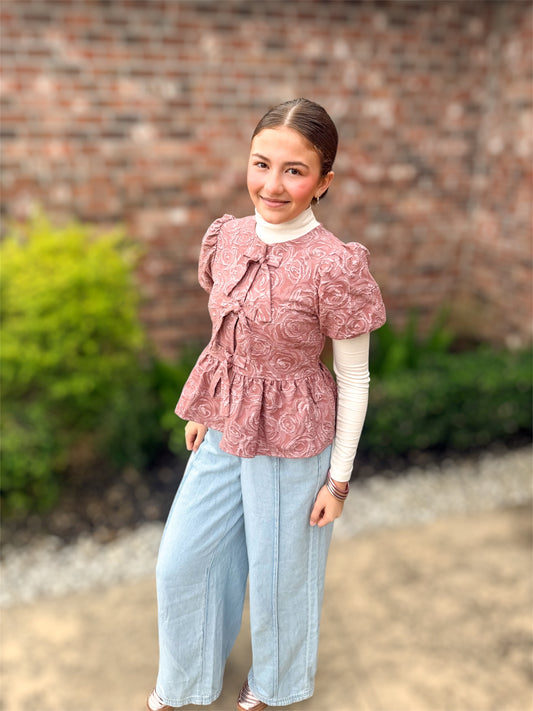 Mauve Rose Jacquard Puff Sleeve Blouse