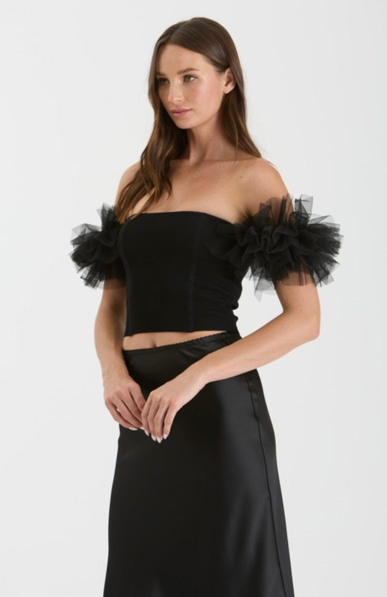 Frills & Thrills Black Off Shoulder Knit Top