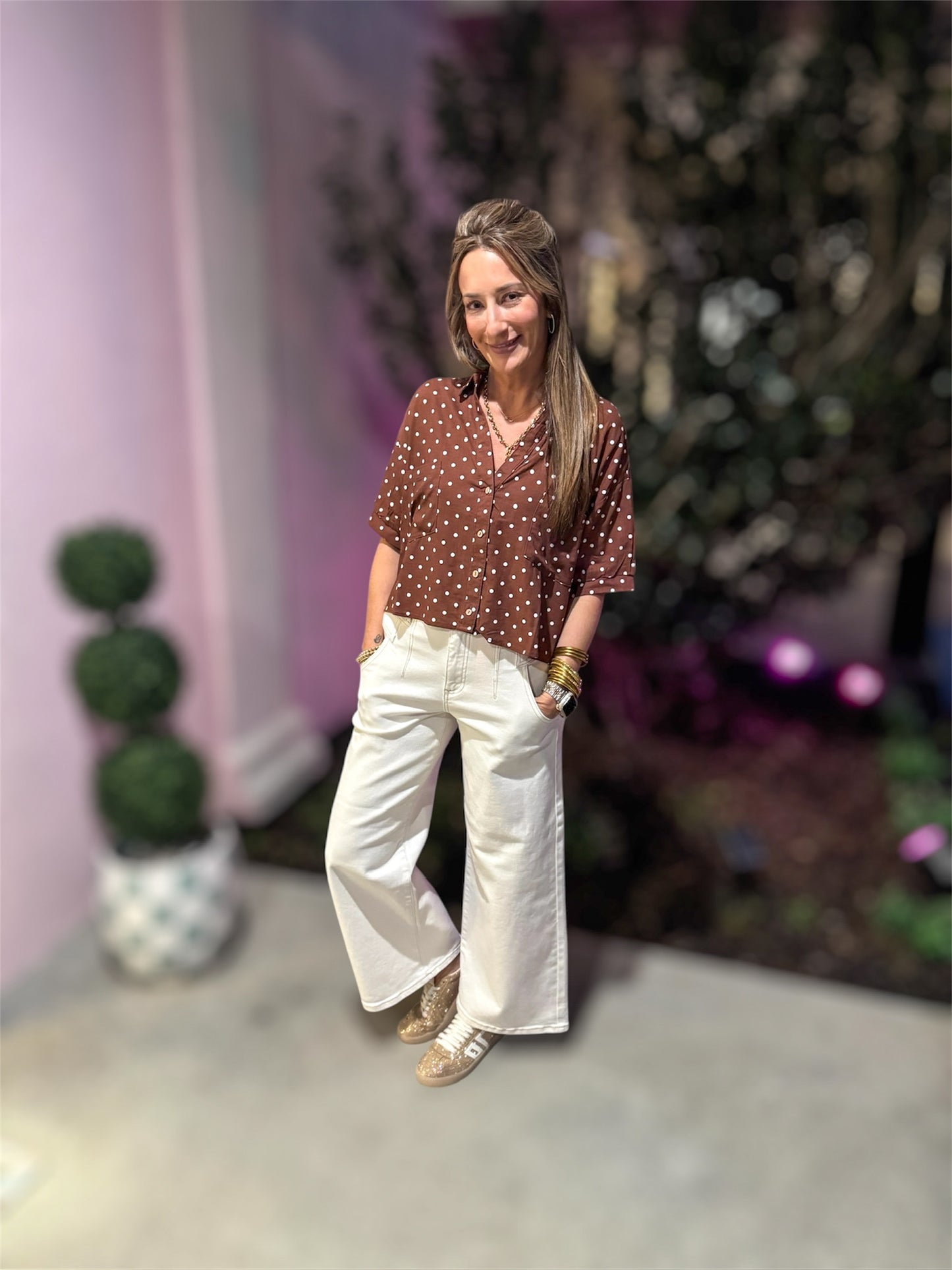 Chocolate Polka Dot Button Up