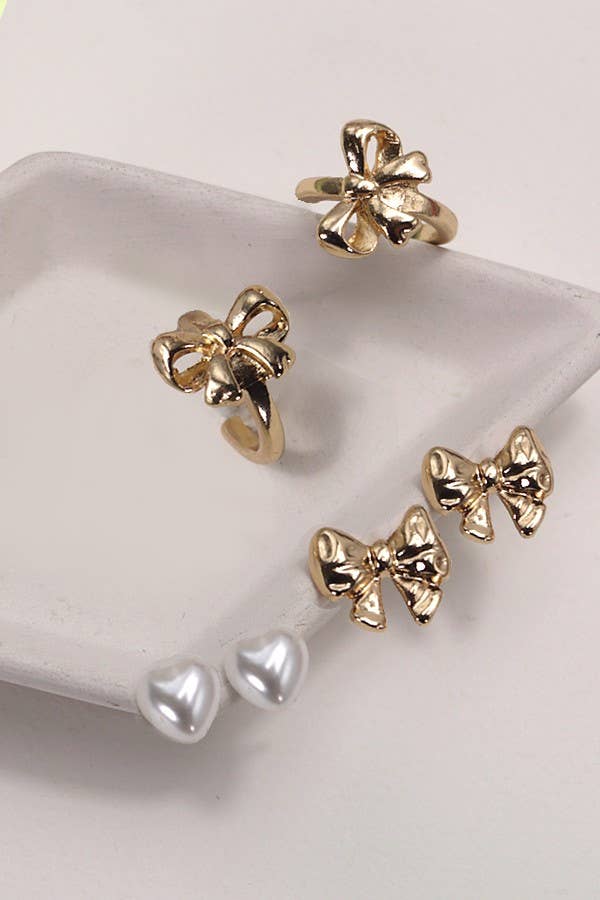 BOW Heart HUGGIE HOOP STUD EARRINGS | 80E3225: Gold