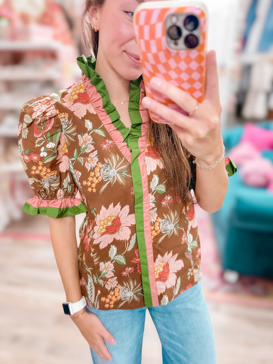 Poppy Ruffle Brown Floral Top