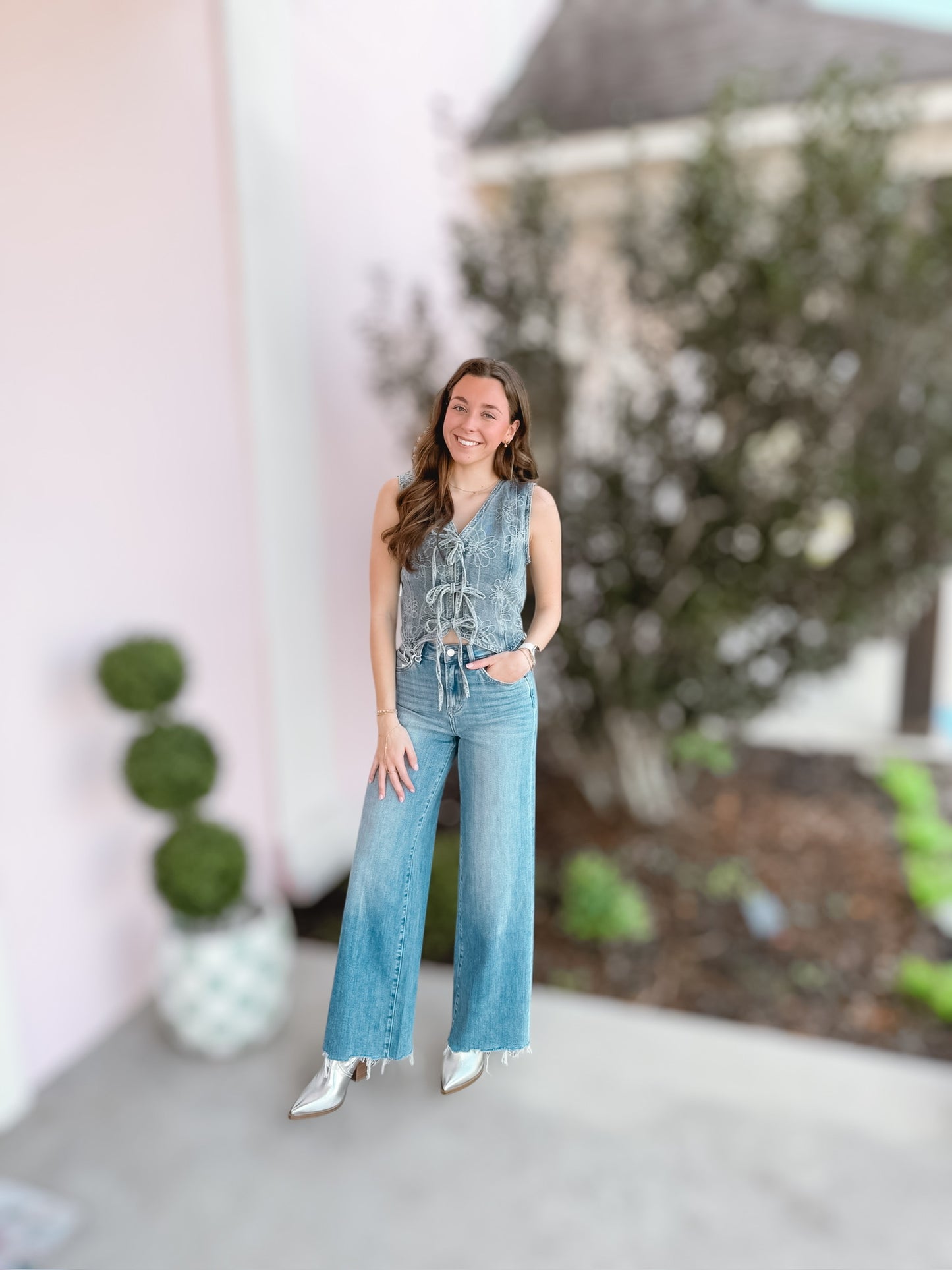 Daisy Embroidered Denim Vest