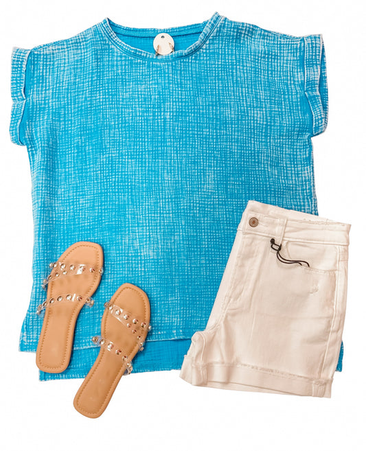 Too Good Gauze Acid Washed SS Top Ocean Blue