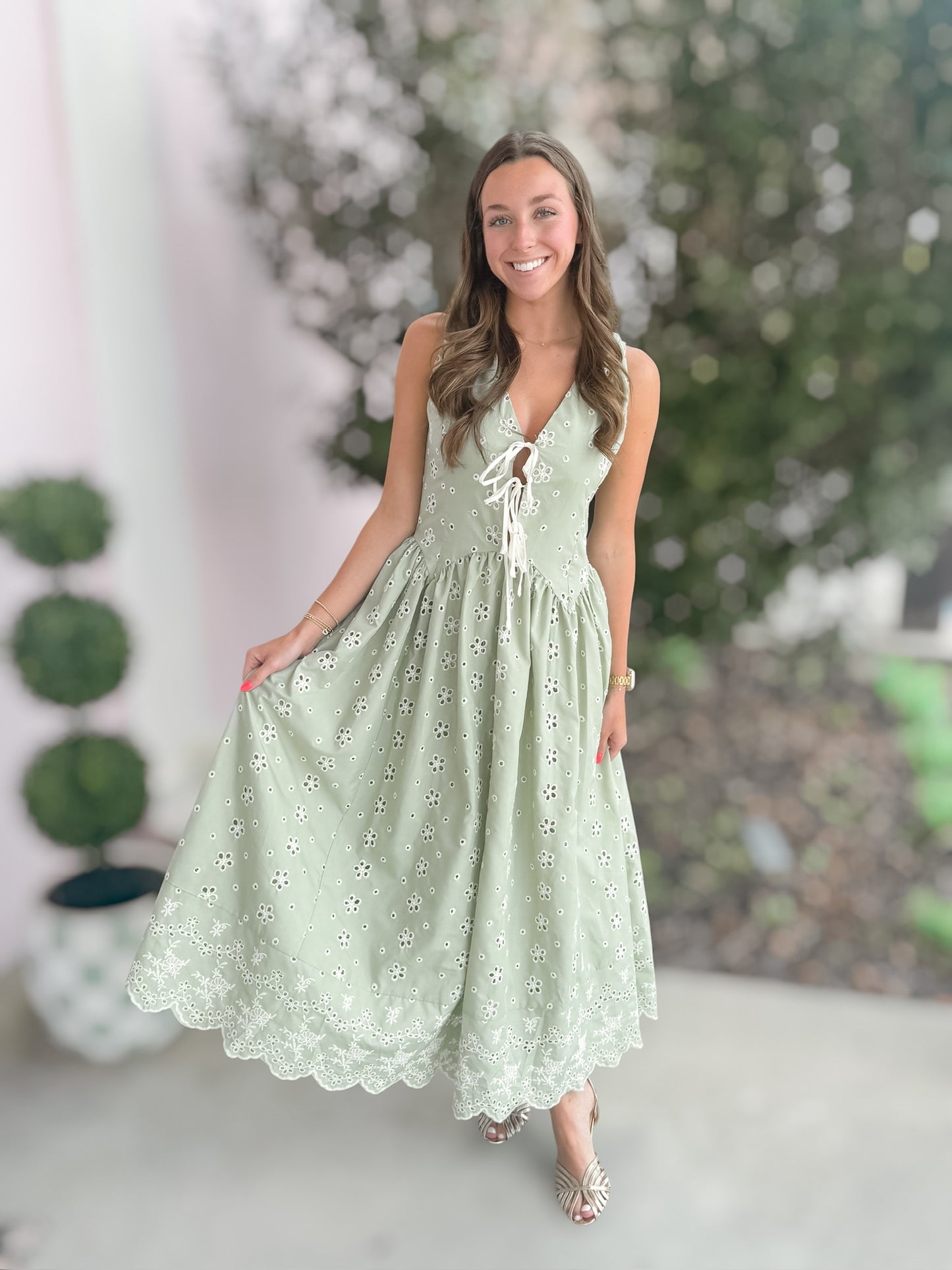 Kate Sage Floral Eyelet Midi Dress
