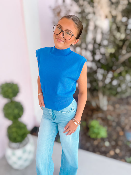 Coastal Blue Sleeveless Mock Neck Sweater