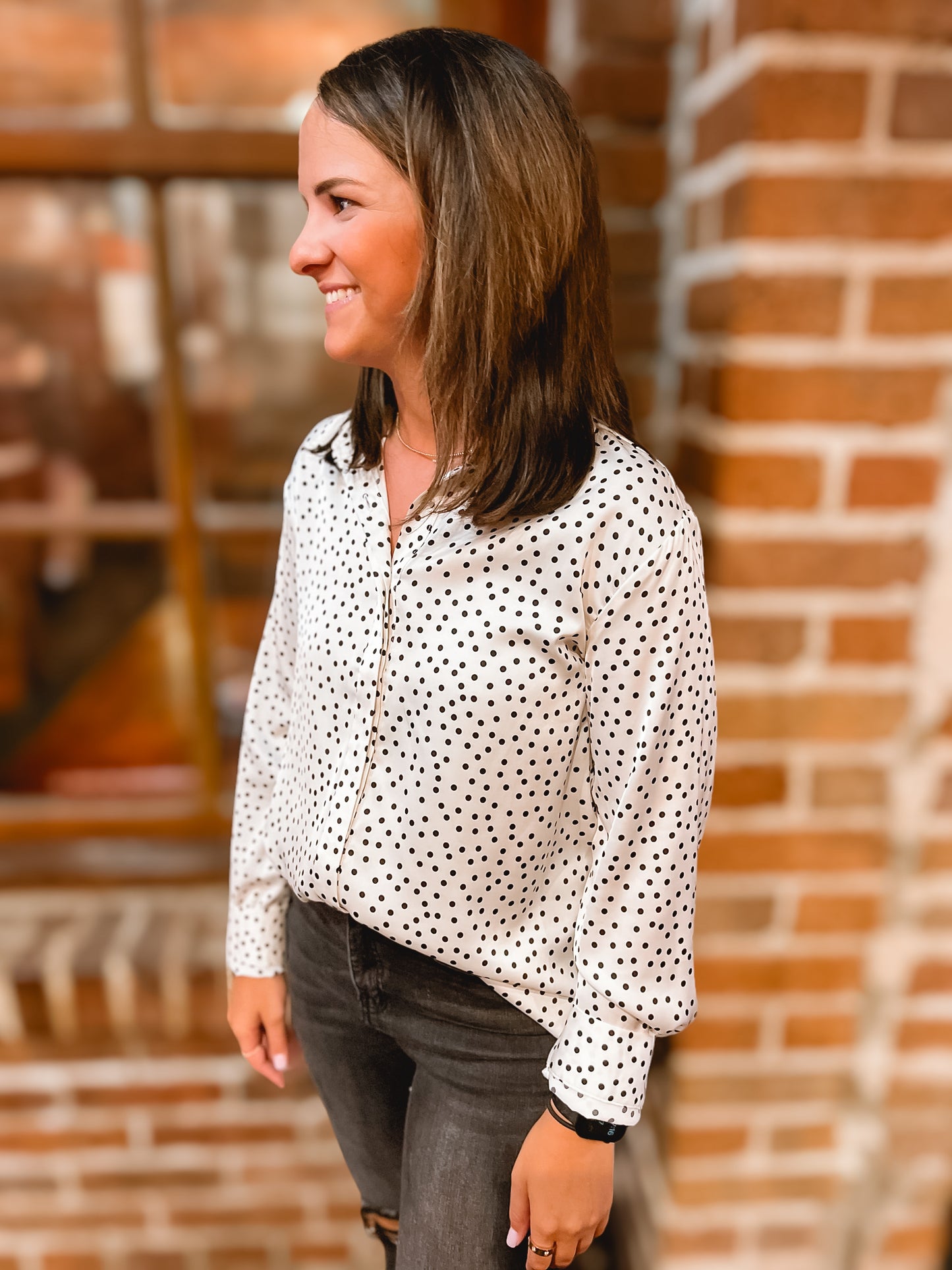 Salt & Pepper Polka Dot Button Up Blouse