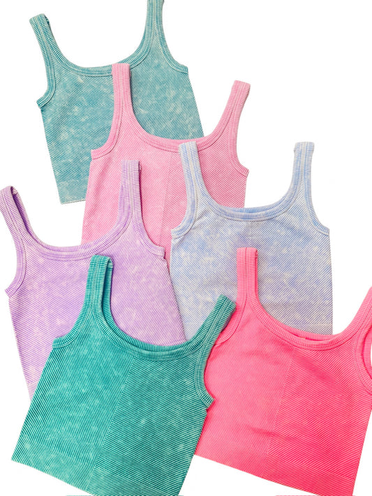 Stone Washed Ribbed Sleeveless Bra Tank Light Teal