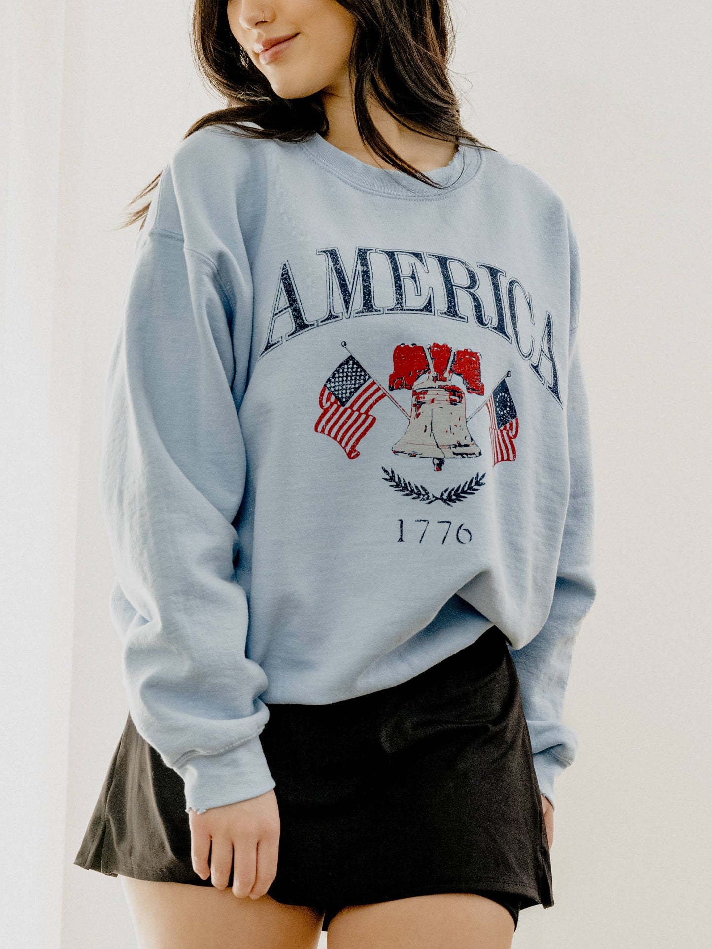 4th of July American Bell Light Blue Thrifted Sweatshirt