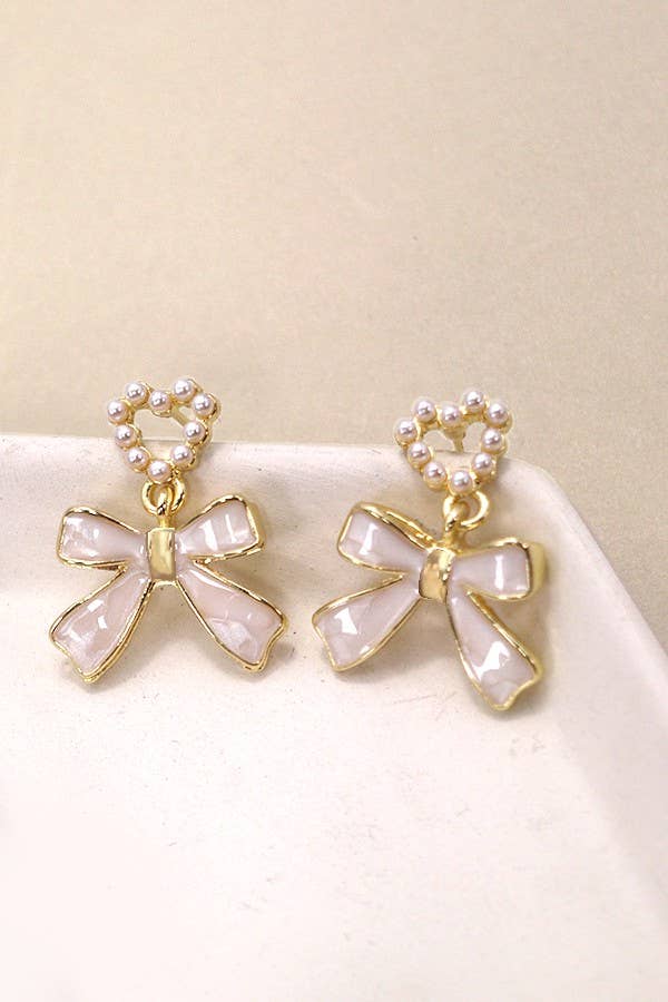 BOW HEART PEARL DROP EARRINGS | 80E3002:Gold