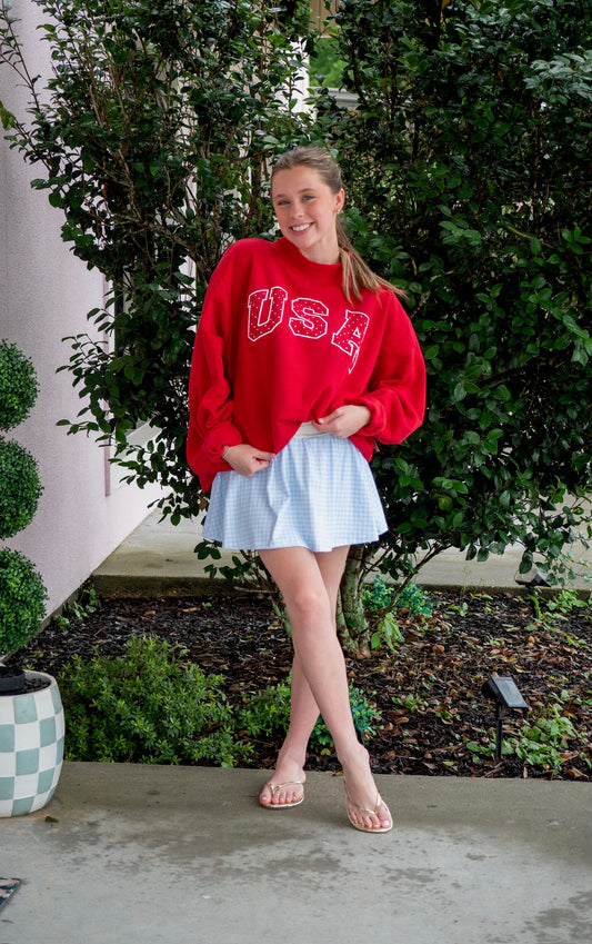 USA Polka Dot Puff Red Mock Neck Sweatshirt