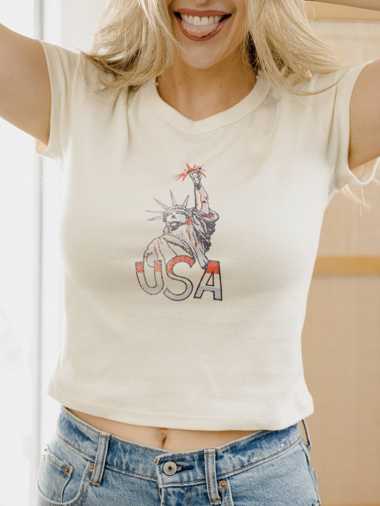 4th of July Miss Liberty Off White Micro Cropped Tee