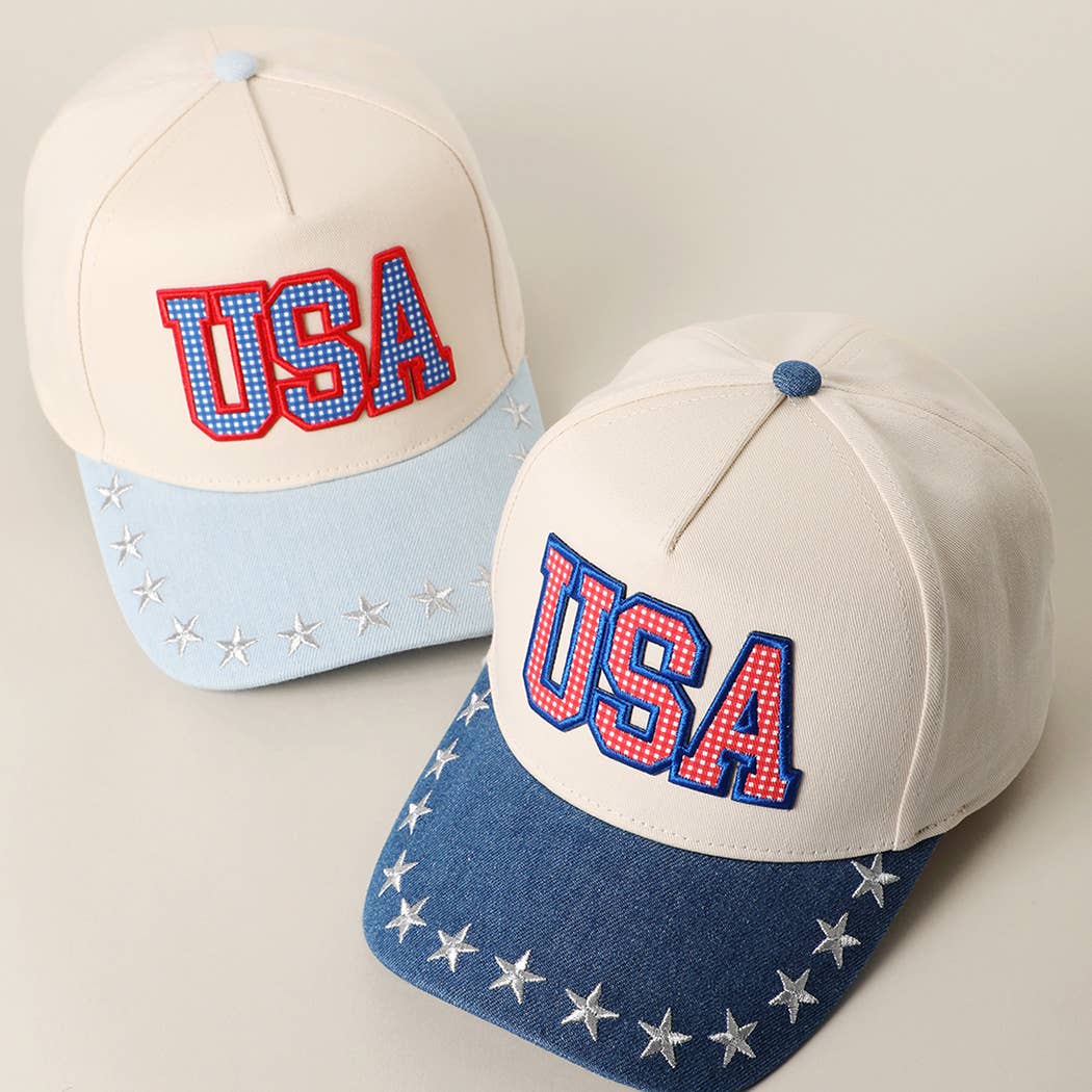 USA Gingham Letter Patch Star Brim Denim Cap
