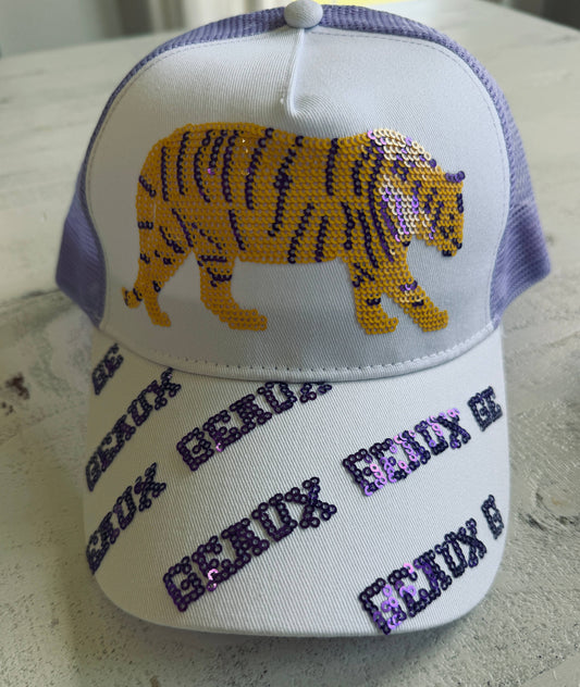 Tigers Louisiana Purple and Yellow Geaux Sequin Trucker Hat 