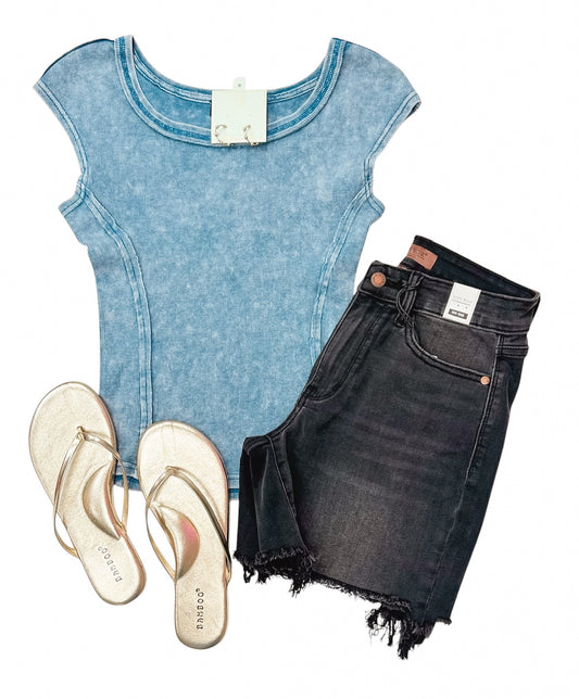 Lucky You Blue Scoop Neck SS Top
