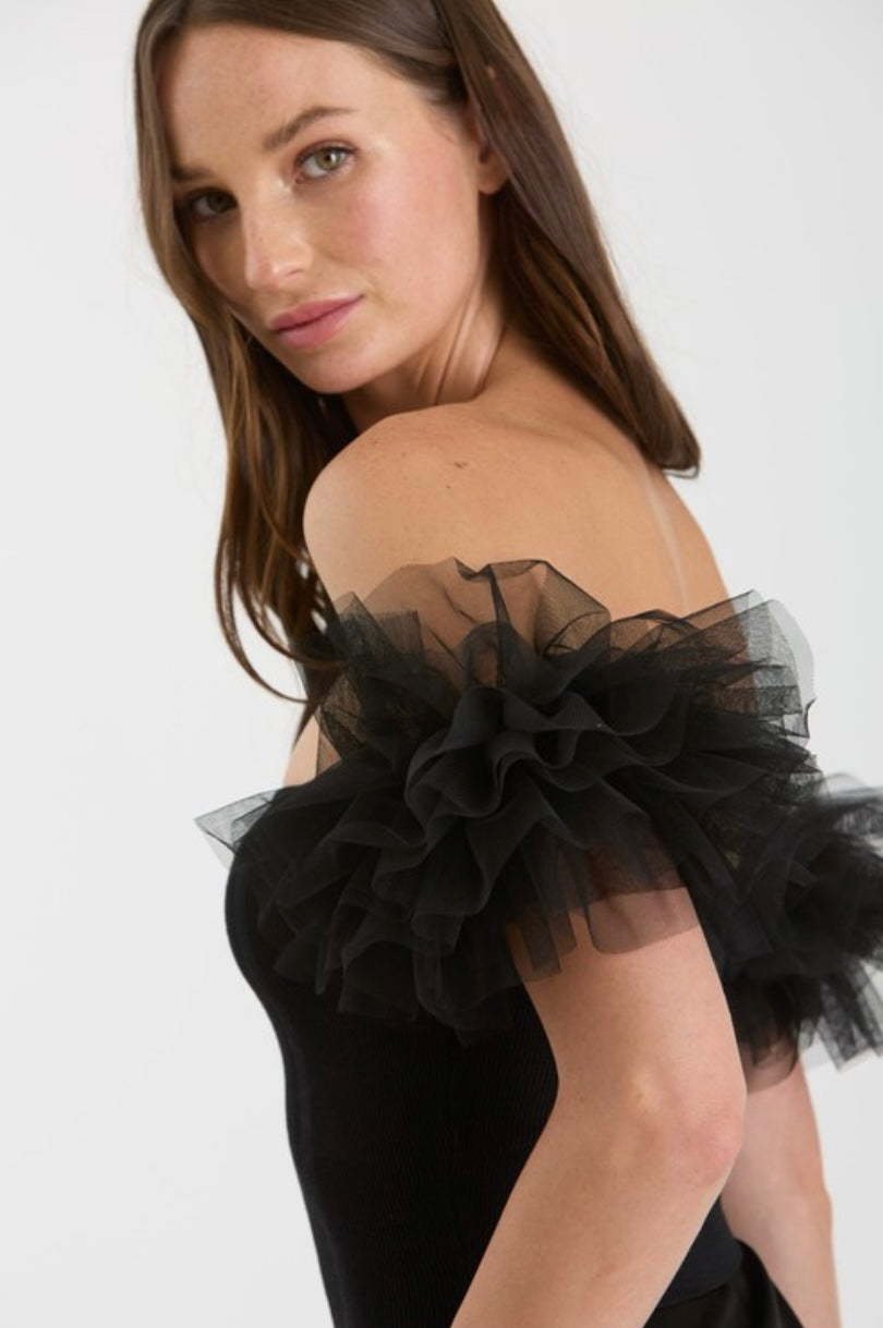 Frills & Thrills Black Off Shoulder Knit Top