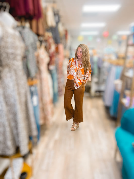 Pumpkin Spice Printed LS Button Down Blouse