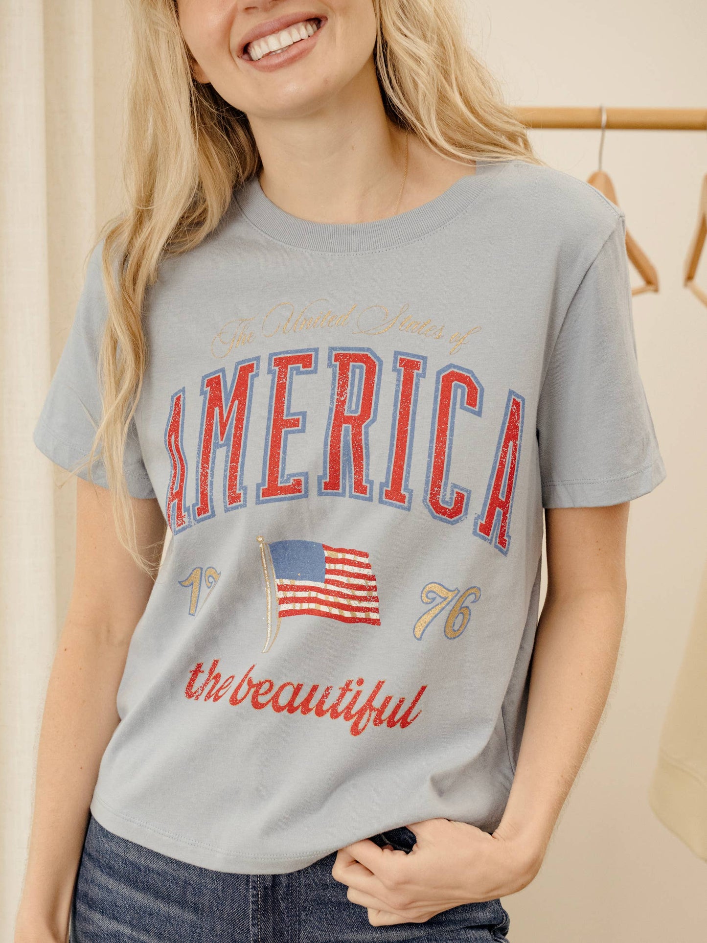 4th of July USA America Wave Arch Blue Ellie Perfect Tee