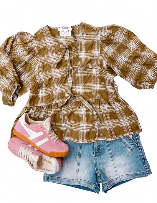 Olive Plaid Peplum Top