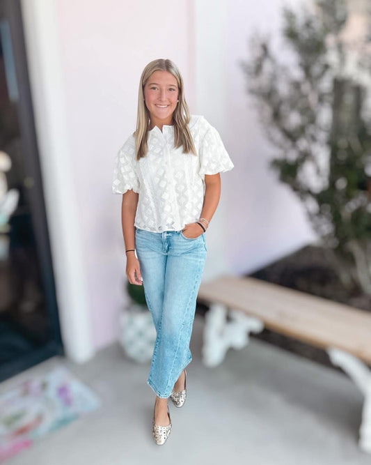 Cream Embroidered Peter Pan Collar Puff Sleeve Top