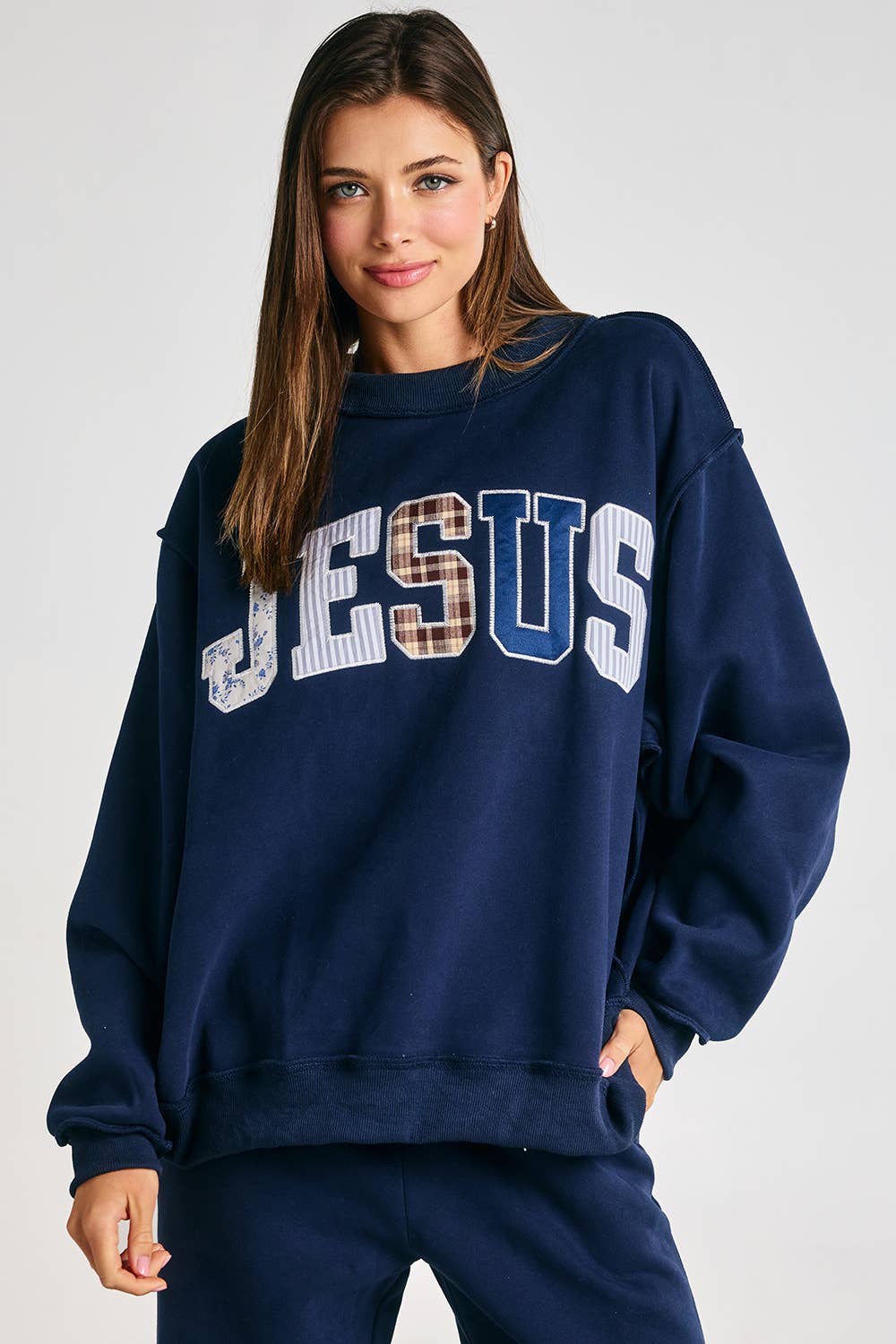 Jesus Embroidered Patchwork Mock-neck Sweatshirt