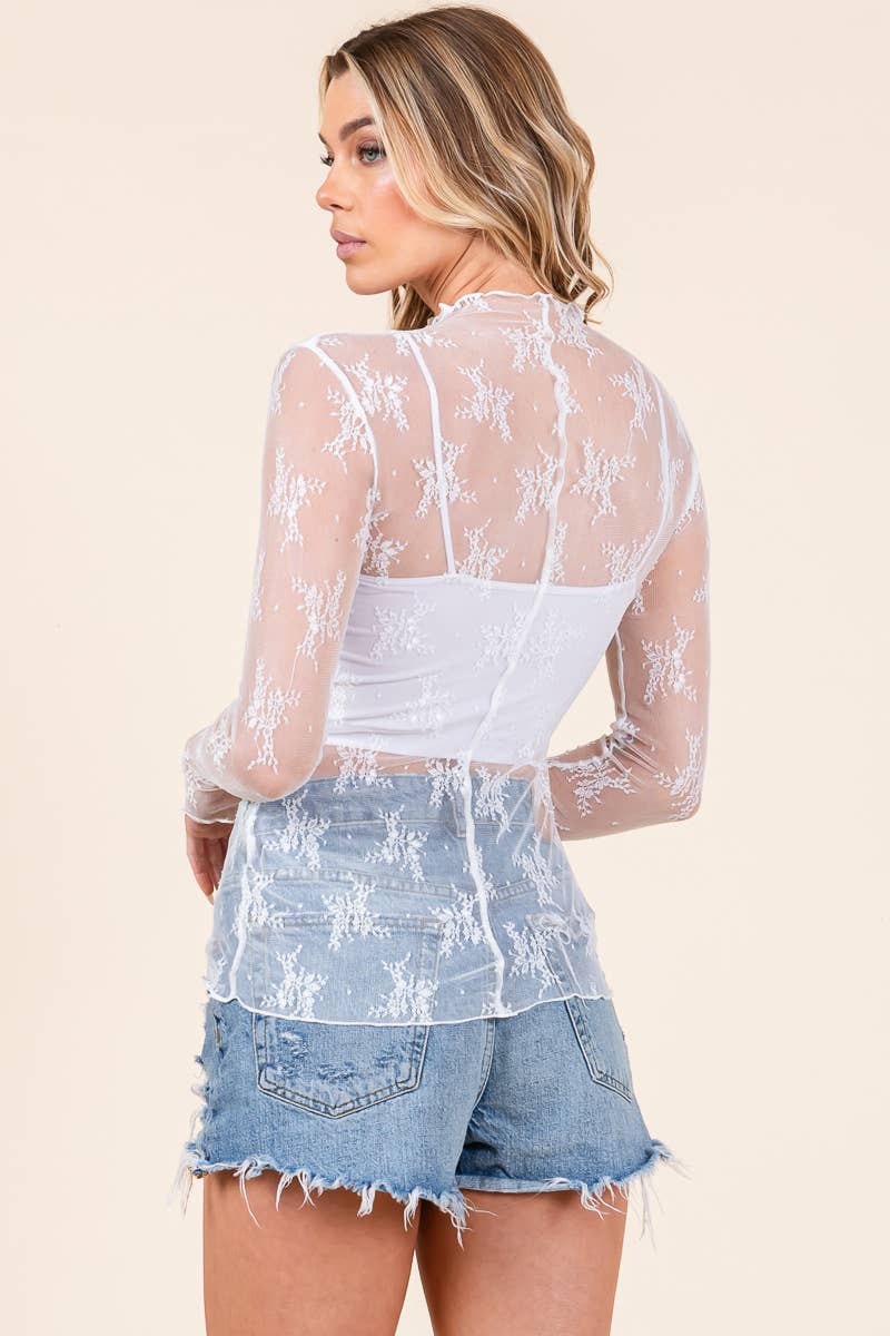 White LONG SLEEVE FLORAL LACE TOP