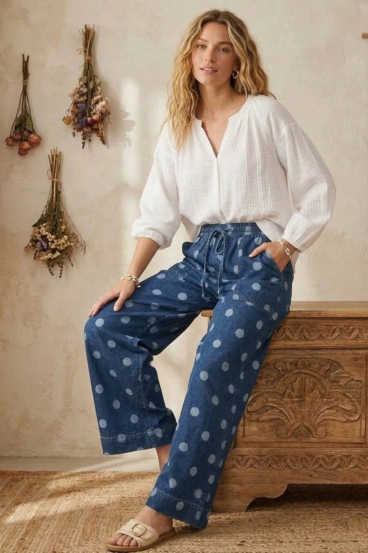 Polka Dot Denim Wide Leg Pants