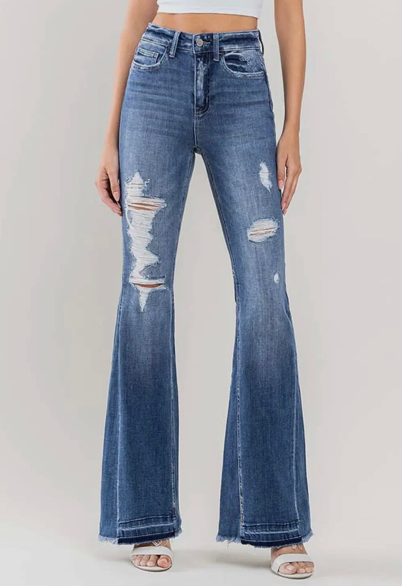 Farewell High Rise Distressed Panel Flare Jeans