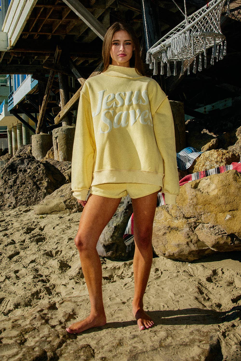 JESUS SAVES Butter Yellow Print Mock Neck Sweatshirt