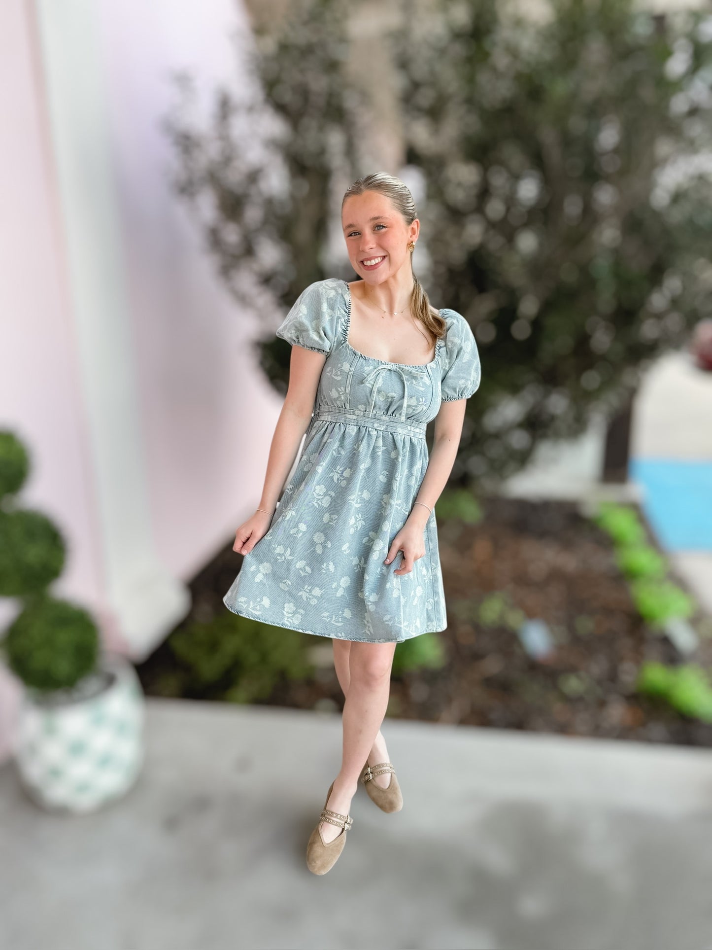 Spring Forward Floral Denim Dress