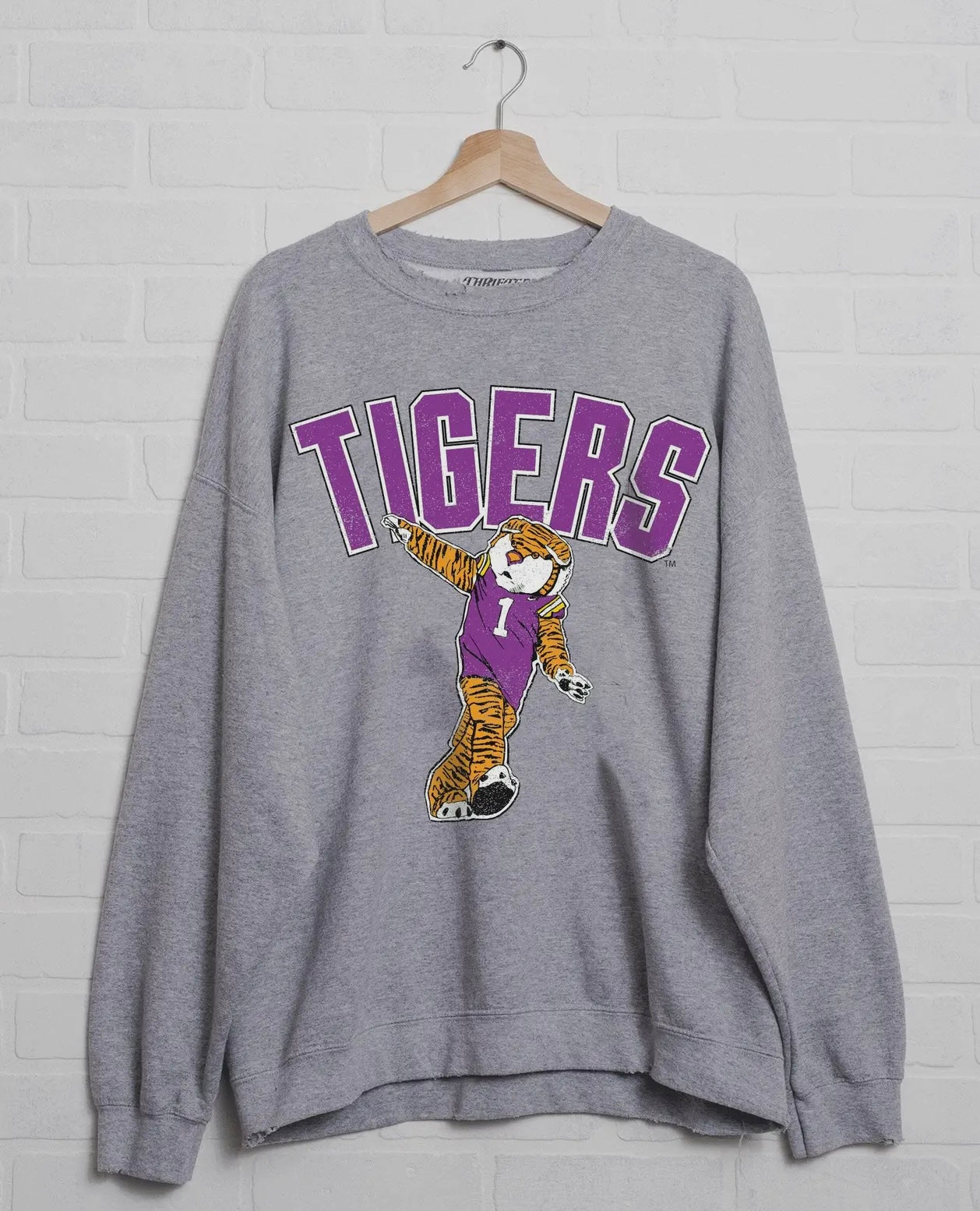 LSU Tigers Cartoon Mascot Puff Ink Grey Thrifted Sweatshirt