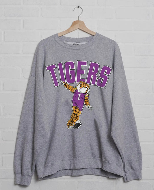 LSU Tigers Cartoon Mascot Puff Ink Grey Thrifted Sweatshirt