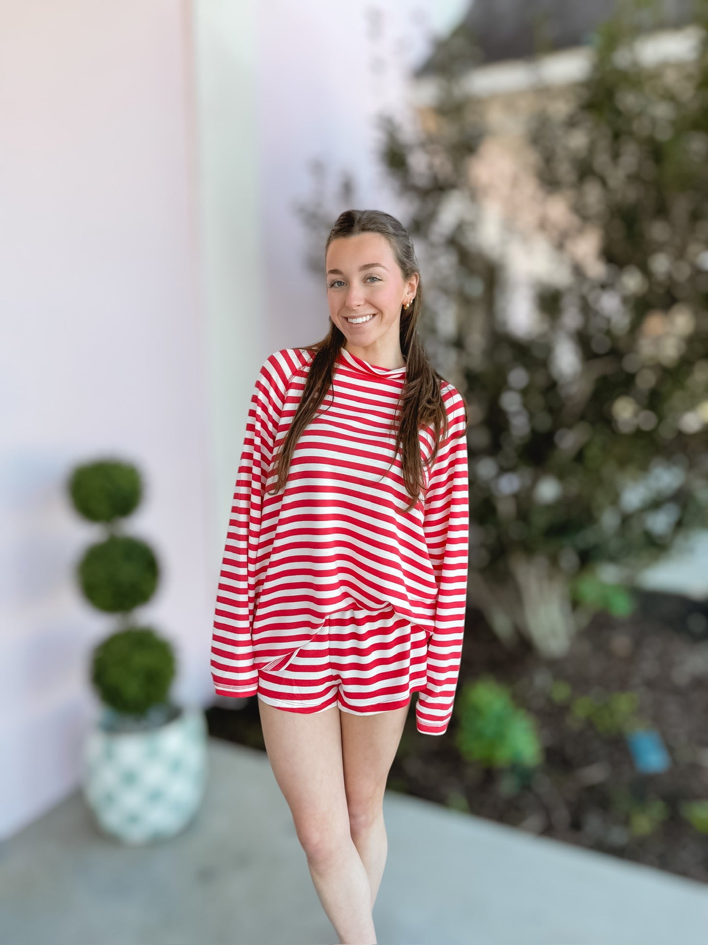 Raglan Sleeves Mock-Neck Striped Oversized Top