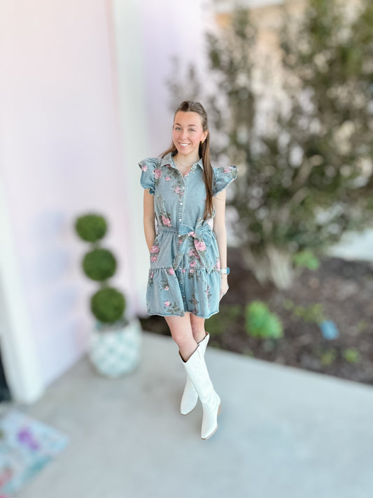 Atta Girl Floral Denim Dress