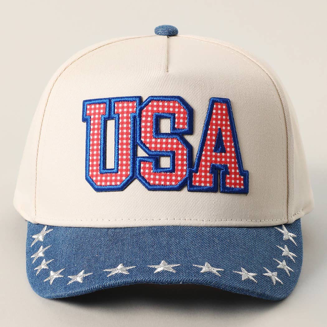 USA Gingham Letter Patch Star Brim Denim Cap