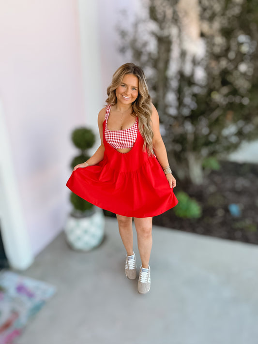 Red Gingham Print Double Layered Play Dress