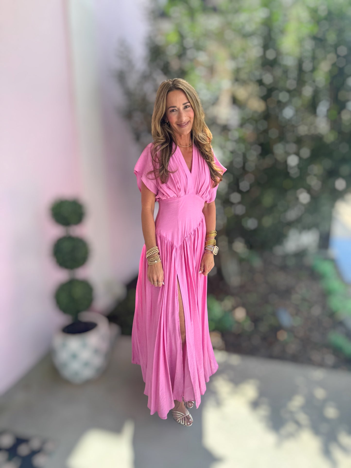Peony Plunge Asymmetrical Puff Sleeve Maxi Dress