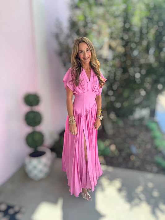 Peony Plunge Asymmetrical Puff Sleeve Maxi Dress
