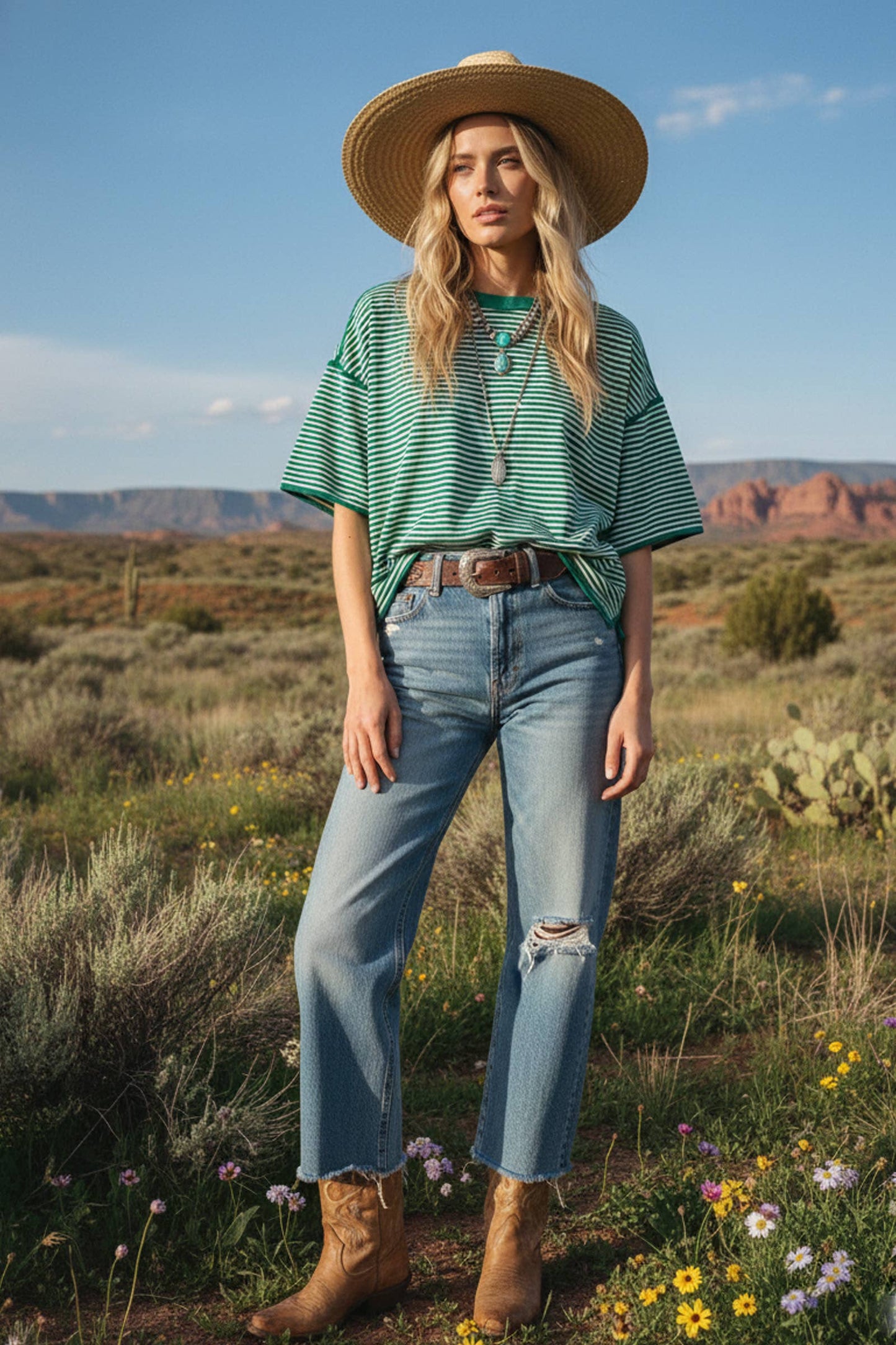 Green Striped Oversized Knit Top