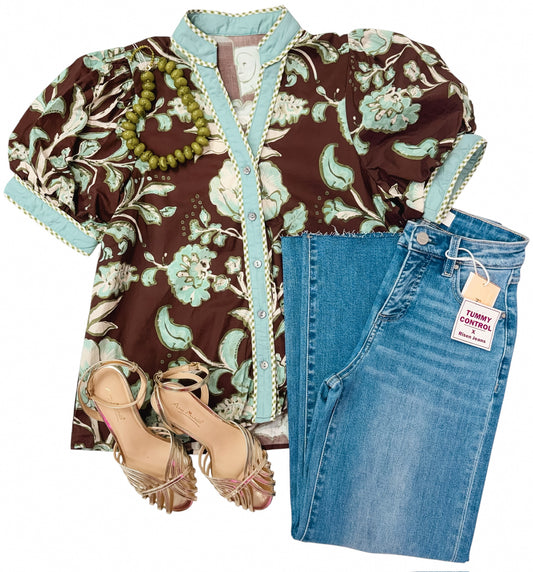 Cocoa Floral Embrace Puff Sleeve Top