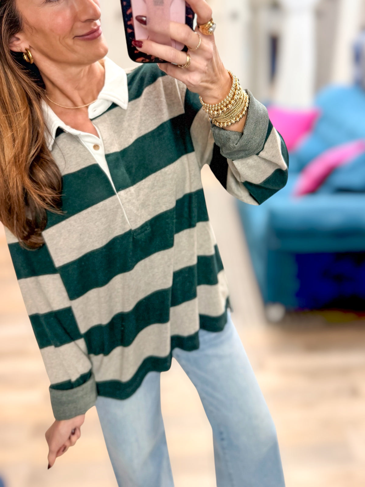 PIERCE TOP in Stone Pine Stripe