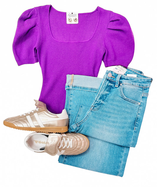 Purple Ribbed Square Neck SS Top