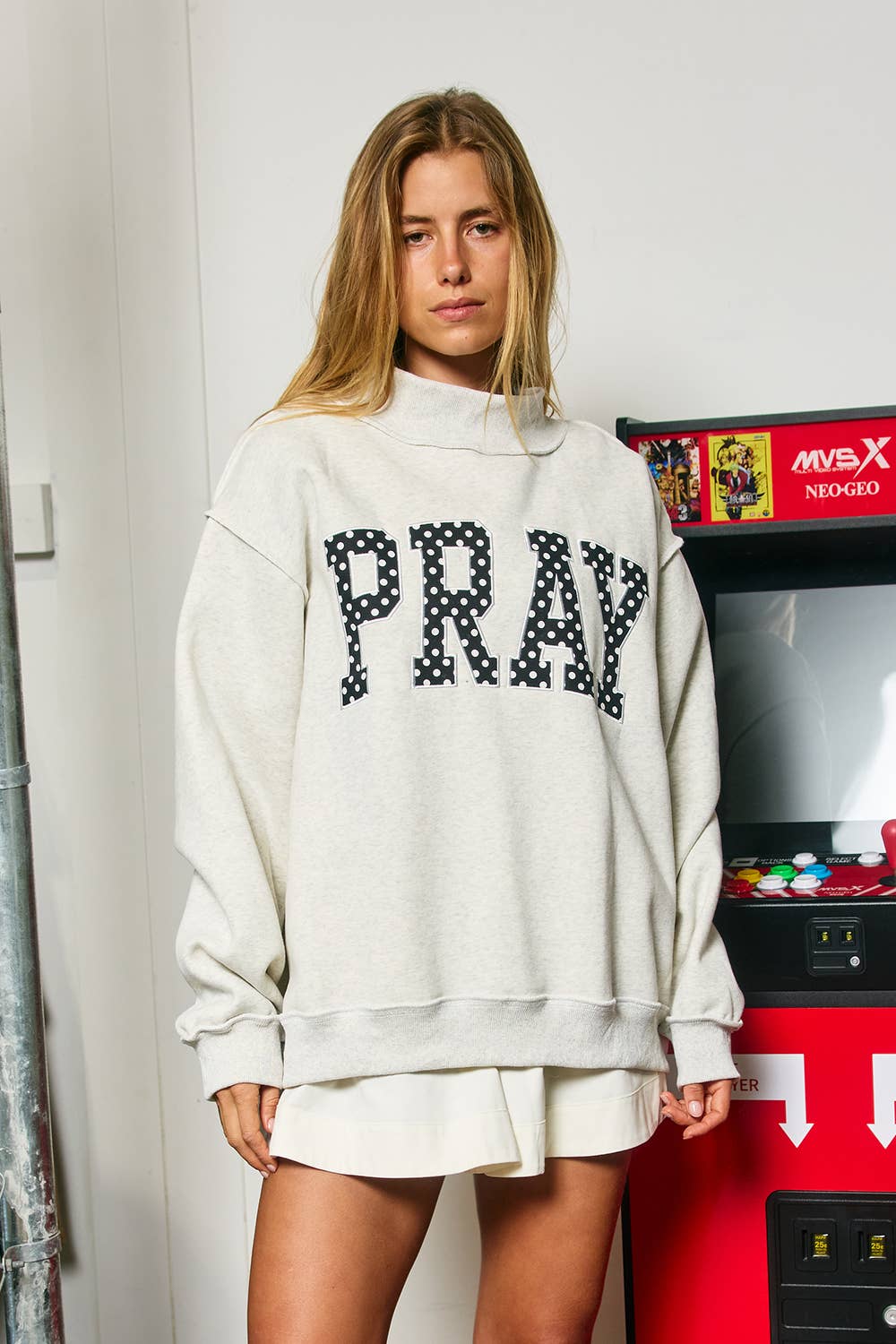 Pray Embroidered Heather Grey Mockneck