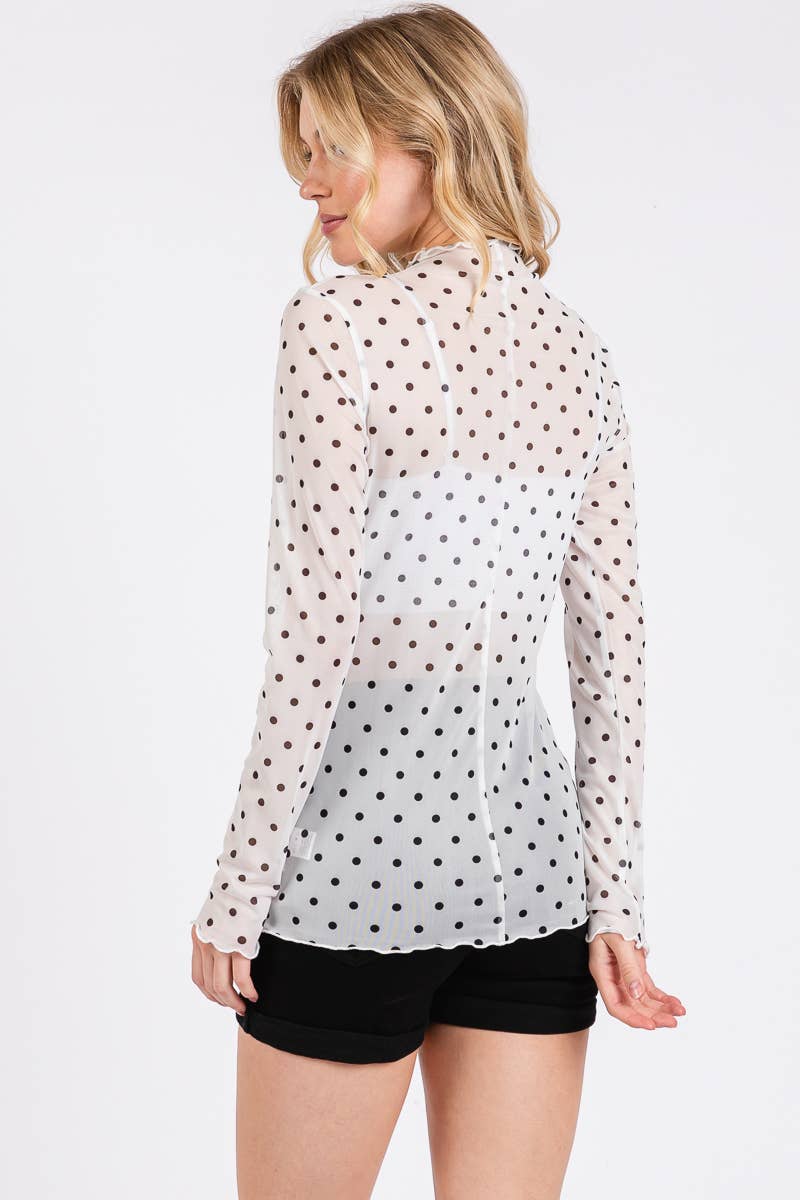 White Polka Dot Mesh Long Sleeve Top