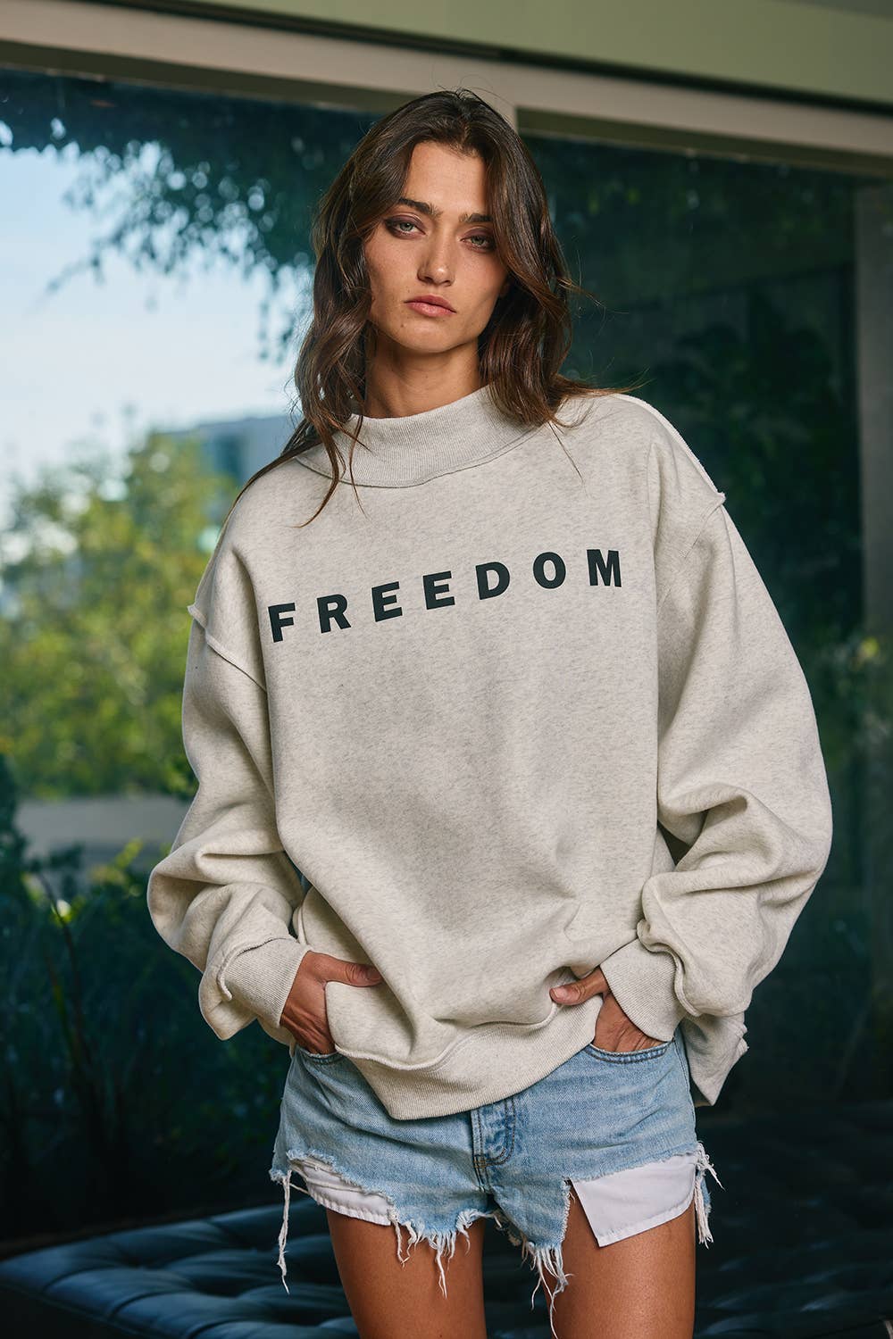 ‘FREEDOM/LEGACY' Print Reversible Mock Neck Sweatshirt