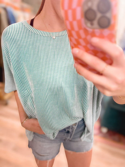 Watch Me Ribbed Oversized SS Top Light Teal